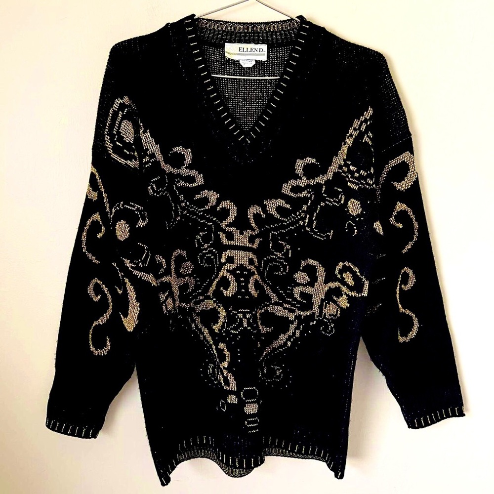 Vintage Metallic Black Gold V Neck Sweater